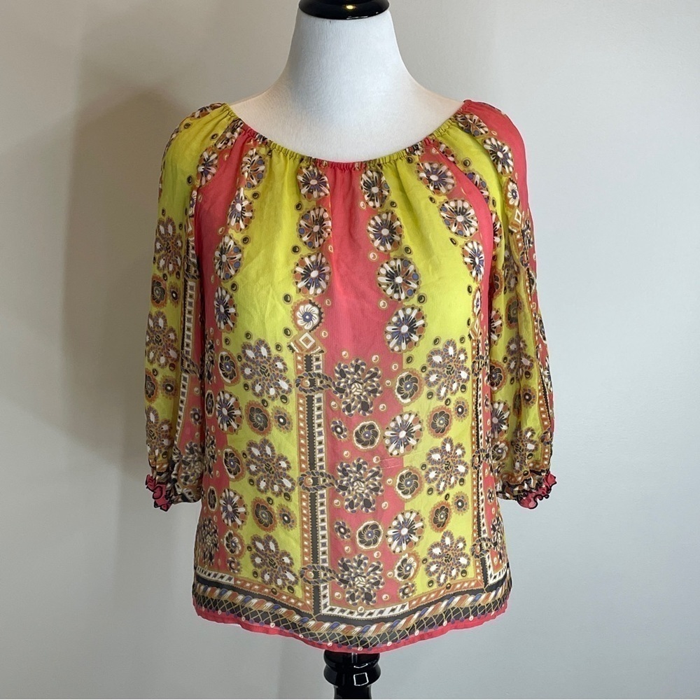 FEI Anthropologie Silk Sheer Top Blouse Shirt Medium Pink Yellow Navy Medallion